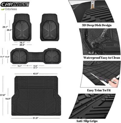 CAR PASS Heavy Duty Rubber Car Mats with Cargo Liner, Deep-Dish Car Floor Mats and Trunk Mat All Weather, Universal Trim-to-Fit for SUVs Trucks Sedans, Waterproof Anti-Slip, Trimmable V12 Black - Image 5