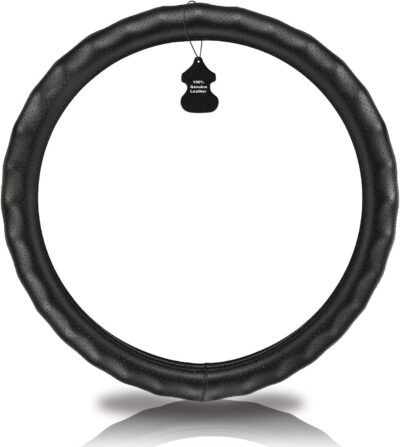 Haokay Heavy Duty Pure Cowhide Steering Wheel Cover, Black Genuine Leather Steering Wheel Cover Men Women Comfort Finger Grips Universal 14.5 to 15 Inch - Image 2