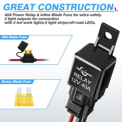 MICTUNING LED Light Bar Wiring Harness Off Road Power 40A Relay Fuse ON-Off Switch (2 Lead) - Image 6