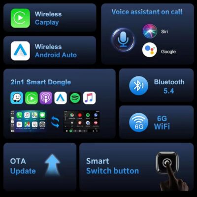 Wireless Carplay Adapter 2in1, 2026 Upgrade Wired to Wireless for CarPlay/Android Auto, WiFi 6 Mini Plug & Play, USB/Type C, Smart Button Dongle Auto-Connect for iPhone iOS 10+ Android 11+ - Image 5