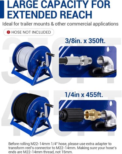MEKOH Pressure Washer Hose Reel 3/8"x350ft, 5000PSI Hand Crank Power Washer Hose Reel for 1/4"x455ft, Heavy Duty Steel Hose Reel with Trailer/Wall/Van Mount, A-Frame Manual Reel for Water,M22 Fitting - Image 5
