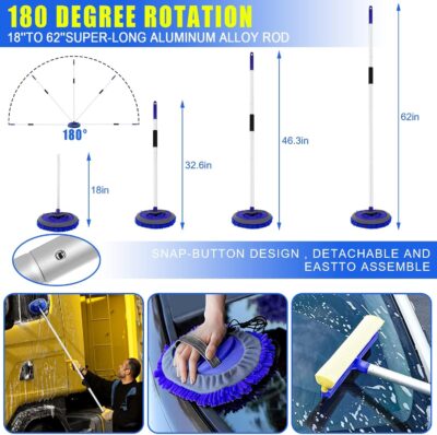 21Pcs Car Wash Kit,62" Car Wash Brush Mop with Long Handle,Car Cleaning Kit,Car Detailing Brush Set,Car Wash Bucket with Filter,Windshield Window Squeegee for Cars RV Truck Boat (Blue) - Image 2