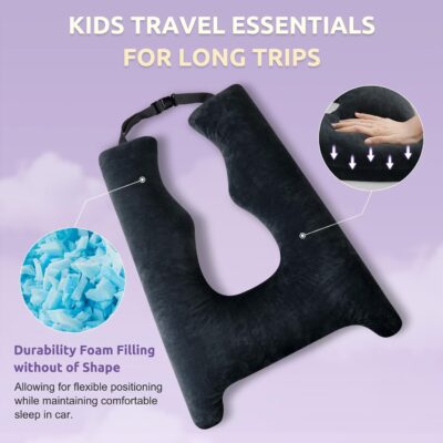 Car Pillow for Kids Travel Pillow with Adjustable Strap,Children Neck Pillow for Car Headrest to Support Head and Body Road Trip Essentials (Dark Black) - Image 5