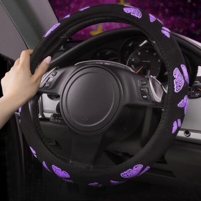 Car Pass Purple Butterfly Steering Wheel Covers, 14.5" to 15.5" Car Wheel Cover Universal Fit for Suvs, Small Trucks, Sedans, Cars for Cute Women Girly (Black and Purple) - Image 4