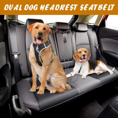 Double Dog Seat Belt, Steel Cable Chew Proof Dog Car Accessories Headrest Restraint Dog Car Seatbelt for Medium Large Dogs Chewer Heavy Duty 2 Dogs Dog Seatbelts Connect Harness in Vehicle - Image 3