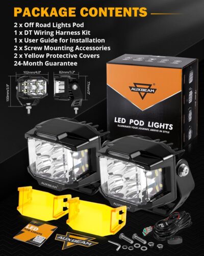 Auxbeam 4 Inch LED Pod Light, 92W V-MAX Series Square Offroad Driving with Amber DRL, 270° Spot Flood Combo Beam Side Shooter Cube Work Auxiliary Lights with Yellow Cover for Truck SUV ATV UTV - Image 9
