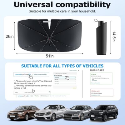 [Upgraded] DooGooCoo Windshield Sun Shade Umbrella -Medium, Car Sunshade for Front Windshield [Heat Shield & UV Block], Keep Car Cooler & Protect Interior Sun Shade for car Windshield (57"x32") - Image 7