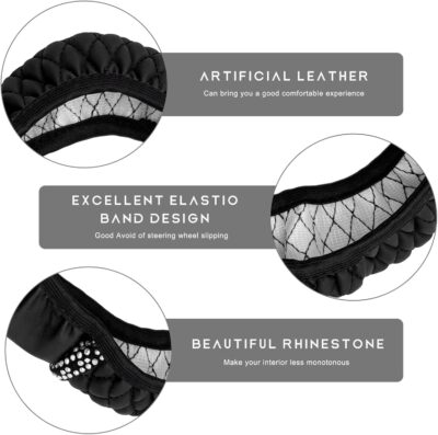 Bling Car Steering Wheel Cover, 15 Inch Sparkly Rhinestone Soft Leather Steering Wheel Protector, Non-Slip Universal Auto Elastic Steering Wheel Covers for Women Girls (Black) - Image 3