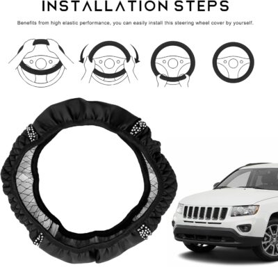 Bling Car Steering Wheel Cover, 15 Inch Sparkly Rhinestone Soft Leather Steering Wheel Protector, Non-Slip Universal Auto Elastic Steering Wheel Covers for Women Girls (Black) - Image 5