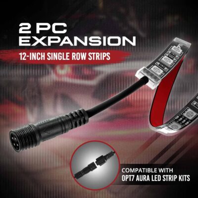 OPT7 Aura Single Row Expansion Pack - 2pc 12” RGB Multicolor LED Strips w/Splitters and Extension Wires for Interior, Wheel Well, Grille, Golf Cart, Car, Boat Underglow Lights - Image 2