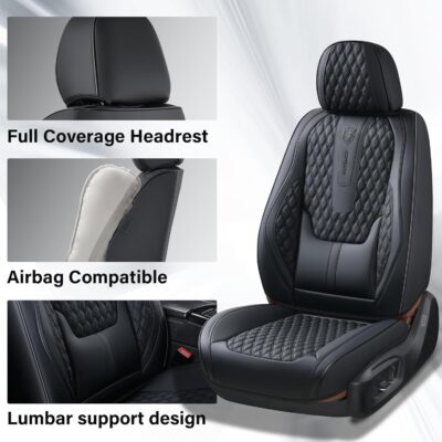 Coverado Car Seat Covers Full Set, Black Seat Covers for Car with Lumbar Support, Nappa Leather Seat Covers Waterproof Car Seat Protectors Universal Fit for Most Cars SUV Trucks - Image 3