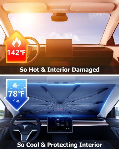DMJN Umbrella Windshield Sun Shade - Medium, Car Sunshade for Front Windshield [Nano Ice-Crystal Coatings] UPF50+ Heat & UV Block, Protect Interior & Keep Cooler Universal for Car, SUV, Truck - Image 2