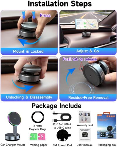 for Magsafe Car Mount Charger, 15W Fast Charging Wireless Car Charger [120LBS Suction &3800gf Magnet] 780° Adjustable, Vacuum Magnetic Phone Holder for Your Car for iPhone & Android, Metal Stand Rotor - Image 9