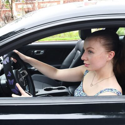 Car Pass Purple Butterfly Steering Wheel Covers, 14.5" to 15.5" Car Wheel Cover Universal Fit for Suvs, Small Trucks, Sedans, Cars for Cute Women Girly (Black and Purple) - Image 2
