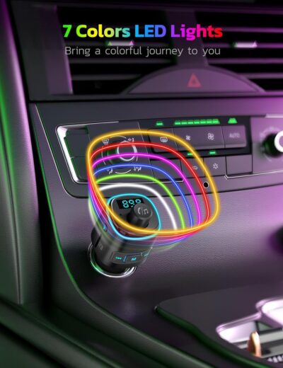 Nulaxy Bluetooth FM Transmitter, QC3.0 Fast Charge Bluetooth Car Adapter, Wireless Radio Car Kit with 7 Color LED Backlit, USB Flash Drive, microSD Card, Glossy Black - Image 6