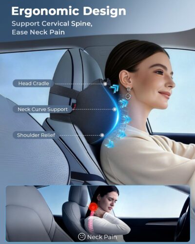 Aukee Car Headrest Pillow Memory Foam Car Neck Pillow with Adjustable Strap Soft Leather Headrest for Driving Home Office Black (1PC) - Image 2