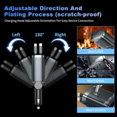 Retractable Car Charger 4 in 1, Car Charger USB C Fast Charge 84W Cigarette Lighter USB Charger, Travel Essentials Car Accessories Gifts for Men Women for iPhone 17 16 15 14 13 12 Pro Max, Samsung - Image 6