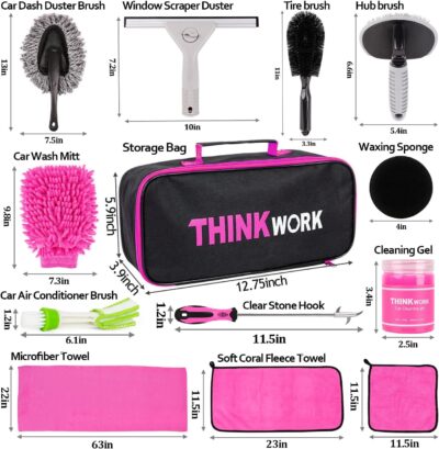THINKWORK Pink Car Detailing Cleaning Kit, Car Wash Kit, Car Accessories for Women Suitable for Small and Medium Vehicles Such As Cars, Trucks, Suvs(17pcs) - Image 7