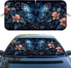 Blue Butterfly Car Windshield Sunshade Folding Retro Flowers Leaves Heatshield Front Window Car Sun ​Shade Windshield Block UV Rays Sun Shade Visor Protector for Car Sedan Truck SUV Accessories