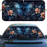 Blue Butterfly Car Windshield Sunshade Folding Retro Flowers Leaves Heatshield Front Window Car Sun ​Shade Windshield Block UV Rays Sun Shade Visor Protector for Car Sedan Truck SUV Accessories
