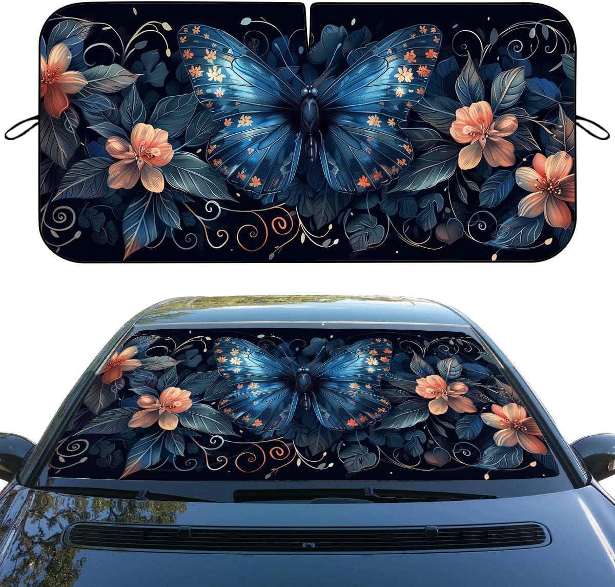 71Ck1sXQdvL._AC_SL1200_.jpg Blue Butterfly Car Windshield Sunshade Folding Retro Flowers Leaves Heatshield Front Window Car Sun Shade Windshield Block UV Rays Sun Shade Visor Protector for Car Sedan Truck SUV Accessories - Image 1
