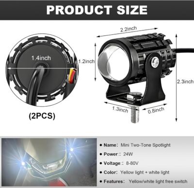 2PCS Motorcycle LED Driving Fog Lights, Super Bright White/Amber Motor Auxiliary LED Spotlights with 2 Switch, Waterproof Aux Motorcycle Headlight for Car Truck ATV Tractor (8-80v) - Image 2