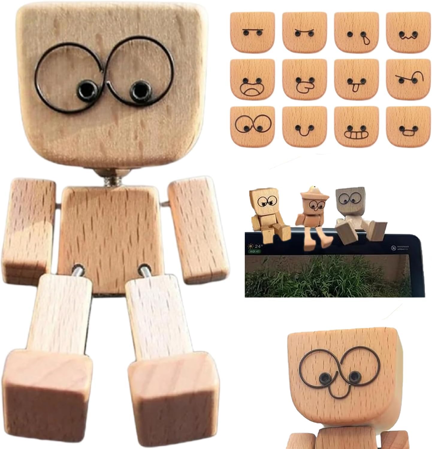 71CslFyOYWL._AC_SL1500_.jpg Shaking Wooden Man,Shaking Wooden Man Figurine with 12 Magnetic Expressions,Funny Dashboard Figurine,Handmade Wobble Doll for Car Accessories and Desk Decoration - Image 1