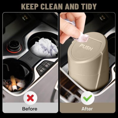 Car Trash Can Bin with Lid - 2 Packs Car Garbage Can Cup Holder - Beige Mini Leakproof Vehicle Garbage Bin with 40pcs Trash Bags-Automobile Organizers and Storage for Front Back Seat Accessories - Image 2