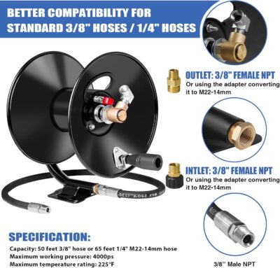MEKOH Pressure Washer Hose Reel 50ftx3/8” / 65ftx1/4”, 4000PSI Heavy Duty Power Washer Hose Reel with M22-14 Fitting, Hand Crank Metal Reel with Wall/Trailer/Van Mount, Manual Hose Reel for Water - Image 6