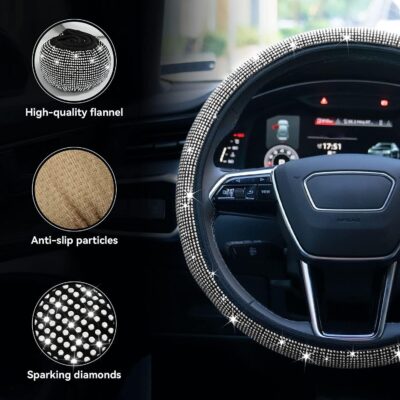 Bling Rhinestone Steering Wheel Cover with Crystal Diamond for Women, Sparkling Car Wheel Protector Universal Fit 14-15 inches - White - Image 4
