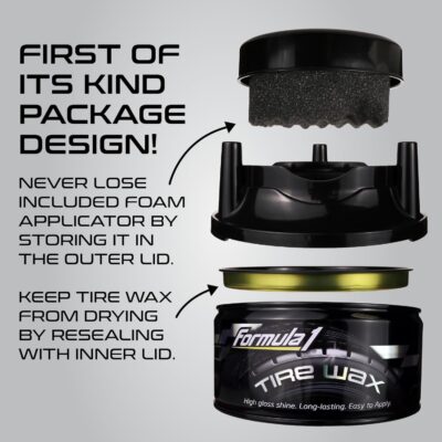 Formula 1 Tire Wax - Long Lasting Tire Gel for Black Glossy Tires, Water Resistant, Restores Plastic Trim, Foam Applicator Included, 10oz - Image 2