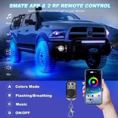 8 Pods RGB LED Rock Lights for Jeeps Trucks Golf Cart ATV UTV RZR SUV Offroad Pickup Car, Waterproof Multicolor Underglow Kit with APP Music Mode Underbody Neon Light Vehicle Underneath Accent 12V - Image 5