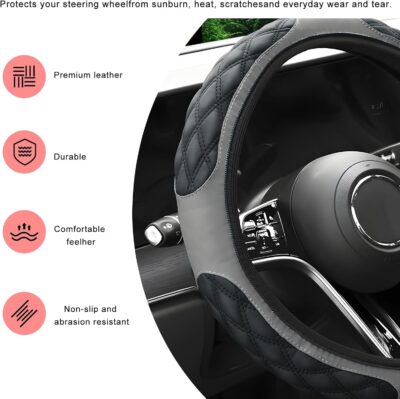 Car Steering Wheel Cover, 15 Inches Anti-Slip Elastic Leather Steering Wheel Protector for Women Men, Breathable Wheel Wrap Cover Interior Decoration for Cars Trucks SUVs (Gray) - Image 6