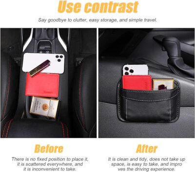Car Seat Side Pocket Organizer, PU Leather Mini Storage Bag for Auto Door Window Console, Pen Phone Holder Tray Pouch Vehicle Seat Gap Filler for Organize Document, Registration, Notepad (Black) - Image 4