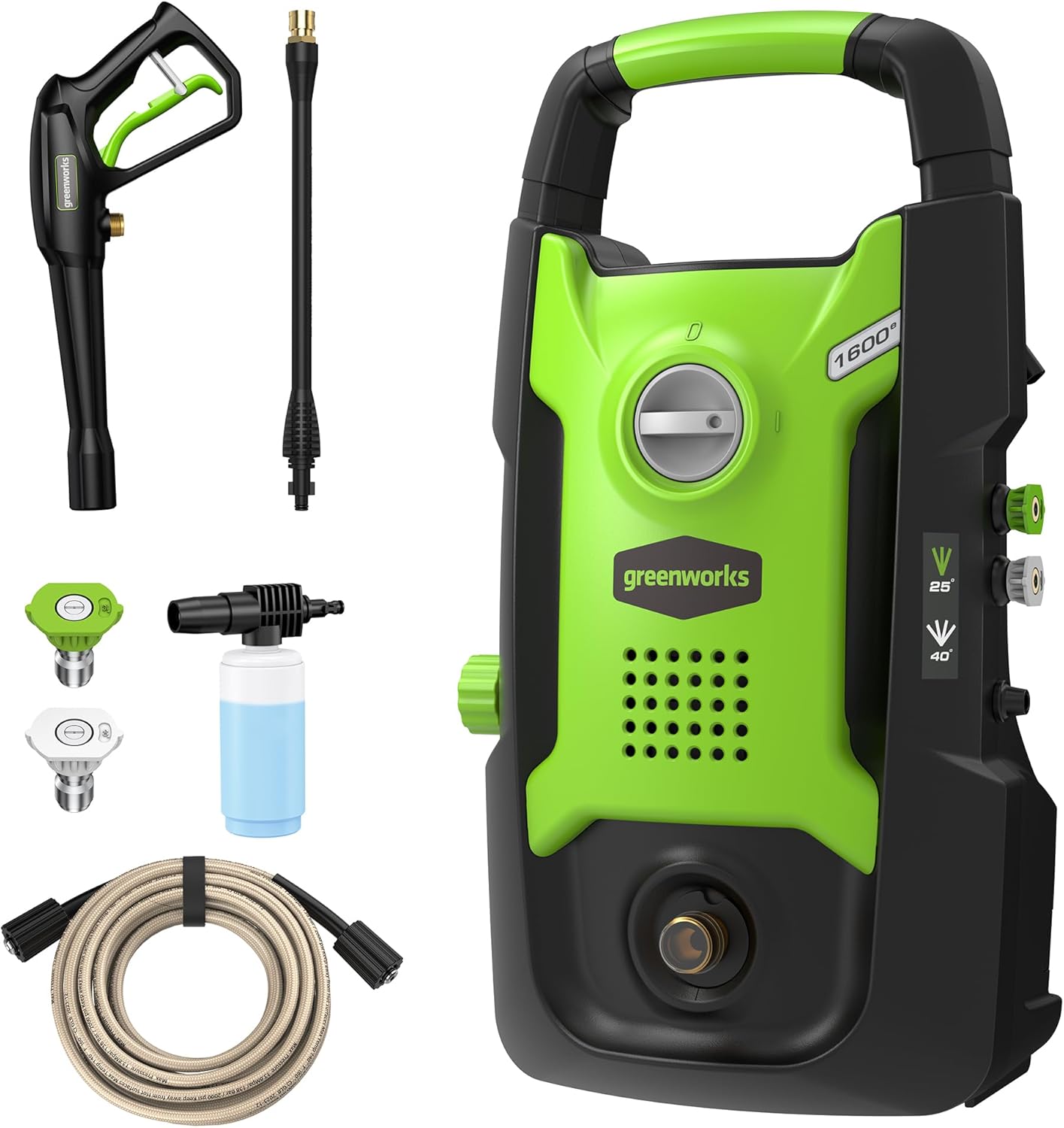 71Dmce9VzL._AC_SL1500_.jpg Greenworks Compact Electric Pressure Washer, 1.2 GPM (CSA Certified, Lightweight, 20 FT Tangle-Free Hose, 35 FT Power Cord) Great For Cars, Fences, Patios, Driveways, Decks and Patios - Image 1