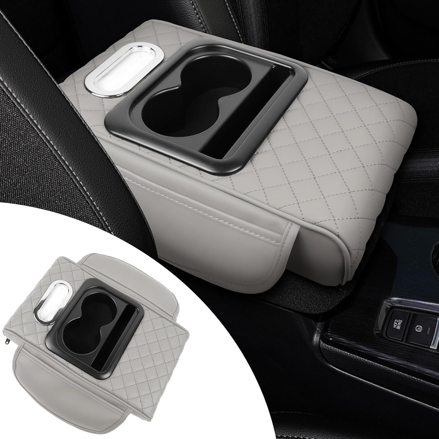 71E7HPZlz4L._AC_SL1500_.jpg Hovom Car Center Console Cover, 12.3"×6.3"×1.5" Leather Armrest Cover for Cars, Multifunctional Auto Armrest Cushion Pad with Pocket, Tissue Box, Cup Holder & Phone Slot, Car Accessories (Gray) - Image 1