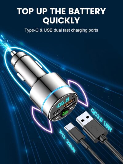 FM Transmitter for Car Bluetooth 5.3, All-Metal PD 20W & QC3.0 18W Fast Charger, Wireless FM Radio Car Kit Bluetooth Adapter, Noise Cancelling Hands-Free Call, Hi-Fi Music, Ring Light - Image 2