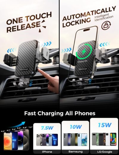 CHGeek Wireless Car Charger with Phone Holder Mount, 15W Fast Charging Auto Clamping Phone Holders for You Car Windshield Dashboard Air Vent Accessories for iPhone, Samsung Galaxy, Google, etc - Image 4