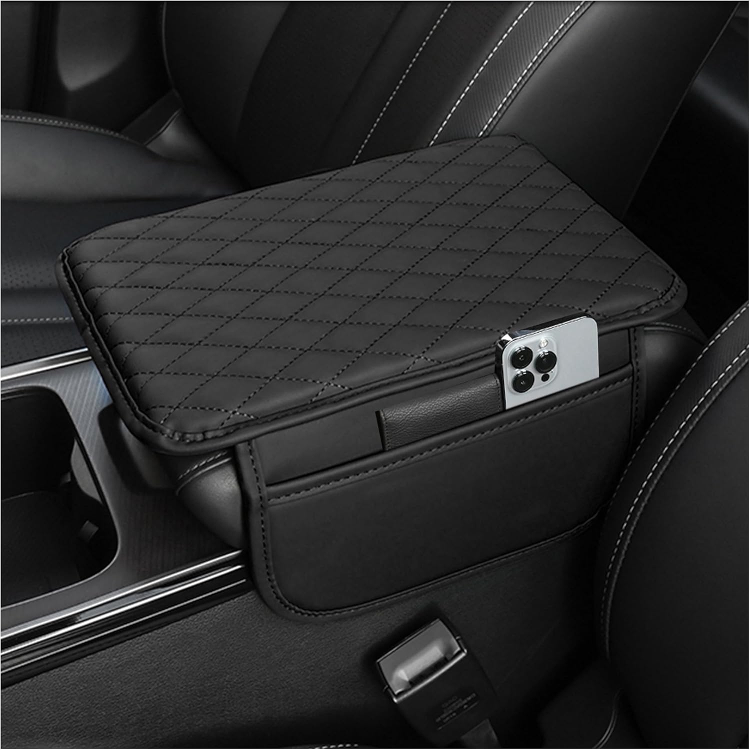 71Ebc3VTE1L._AC_SL1500_.jpg Upgraded Car Center Console Cover,Microfiber Leather Car Armrest Cover Cushion with 2 Storage Bags,Car Armrest Storage Box Interior Accessories for Most Vehicles (Black) - Image 1