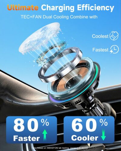 2026 Upgraded TEC & Fan Cooling Magnetic Wireless Car Charger, For 15W Magsafe Car Mount Charger, Air Vent Dashboard Fast Charging Car Phone Holder for iPhone 17/16/15/14/13/12, Samsung ＆ Pixel - Image 2