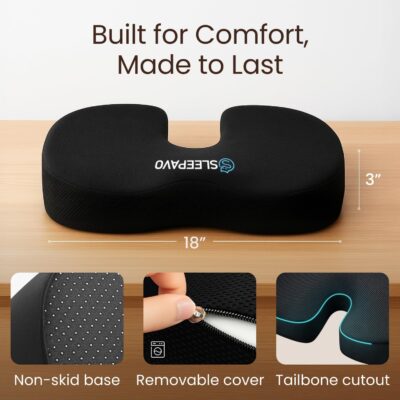 Sleepavo Office Chair Cushion - Seat Cushion for Tailbone Pain Relief - Butt Pillow for Coccyx, Sciatica, and Lower Back Pain - Orthopedic Chair Pad for Lumbar Support in Office Desk, Car, Airplane - Image 3