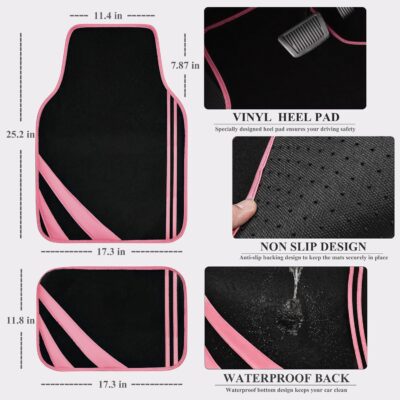 CAR PASS Car Seat Covers Full Set for Women Girls with Waterproof Car Floor Mats,Anti-Slip Leather Steering Wheel Cover,Universal Fit for SUVs,Vans,Trucks,Sedans,Cars (Combo Set,Black & Pink) - Image 6