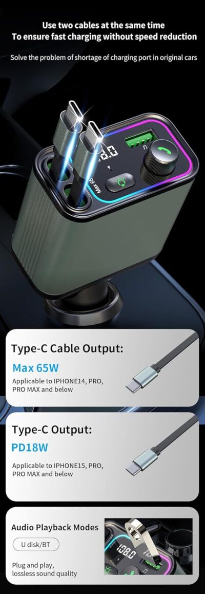 3 in 1 Retractable Car Charger Adapter & FM Transmitter Bluetooth Mp3 Player- Max 65W + 18W with 2 PD Fast Charging,2 Retractable Cables & USB-A Music Playback for iPhone,iPad,Samsung,Pixel - Image 2