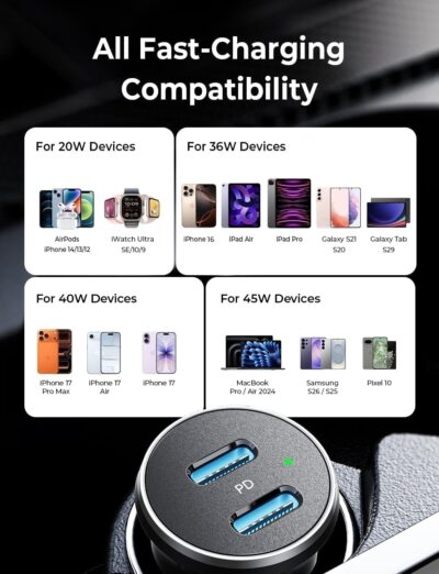 LISEN 90W USB C Car Charger USB C Fast Charge, 45W PD&QC 3.0 Fast Car Charger for Samsung Galaxy S26 S25, Cigarette Lighter USB Charger Adapter for iPhone 17 Air 16 15 Pro Max [All Metal & Mini] - Image 6