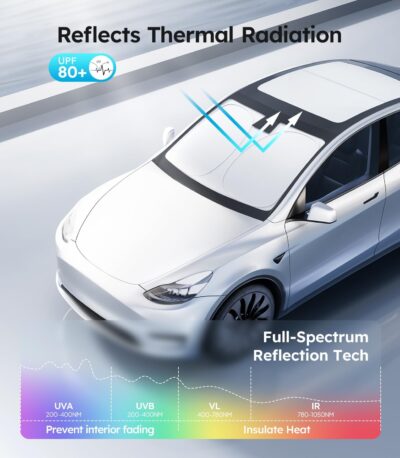 Wigoo Tesla New Model Y Accessories Windshield Sunshade [OEM Design, 100% Sun Blockage] Foldable Heat Insulation Sunshade with Storage Bag, for Model Y 2020~2026 (Juniper), Silver Coating - Image 3