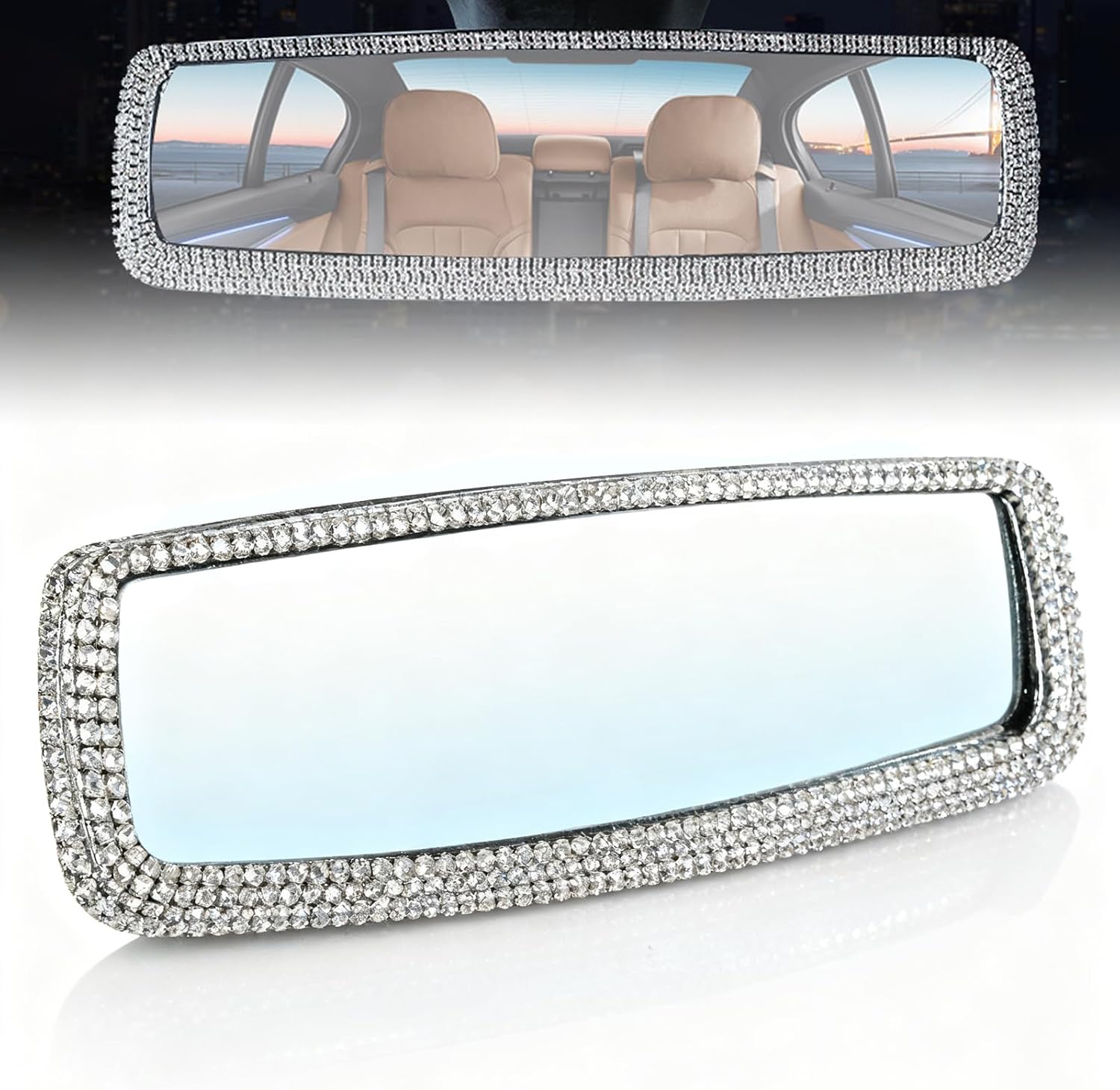 71EywnlXLML._AC_SL1500_.jpg Bling Rhinestone Rearview Mirror, Car Interior Clip-on Rear View Accessories Decorations Panoramic Rear View Mirror with Bling Rhinestones Crystal Diamonds Edge for SUV, Truck - Image 1