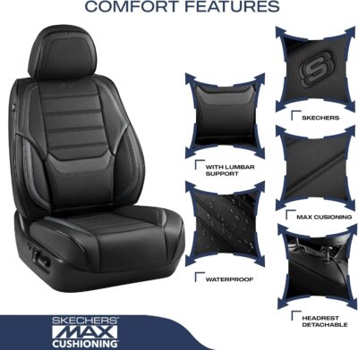 Skechers MAX Cushioning Seat Covers,Memory Foam Leather Car Seat Covers,Waterproof Car Seat Protector Front Seats,Car Seat Cushion Airbag Automotive Universal Fit for Most Cars,Vans,Trucks,SUV,Black - Image 4