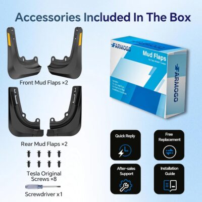 Farmogo Mud Flaps for Tesla Model Y Juniper Accessories 2025 2026 - [with Yellow Warning Strip] No Drilling Required Splash Guards All-Weather Body Kits for Tesla Model Y Accessories Black (Set of 4) - Image 9