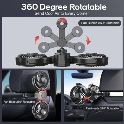 Dealswin Rechargeable Car Fan for Backseat Kids Baby, Battery and USB Dual Power Car Fans, Powerful 3 Speeds 360° Rotatable Dual Head Cooling Car Seat Fan for Sedan SUV RV Truck Vehicle - Image 6