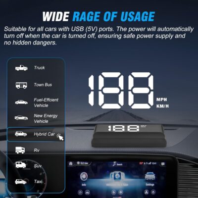 W2 Heads Up Display for Cars,Speedometer with Overspeed Alarm,Automatic Brightness Adjustment,Triple Over-Speed Alarm,LED Large Font,Built in Sun Visor,Plug & Play USB HUD Fit for All Vehicles(White) - Image 6